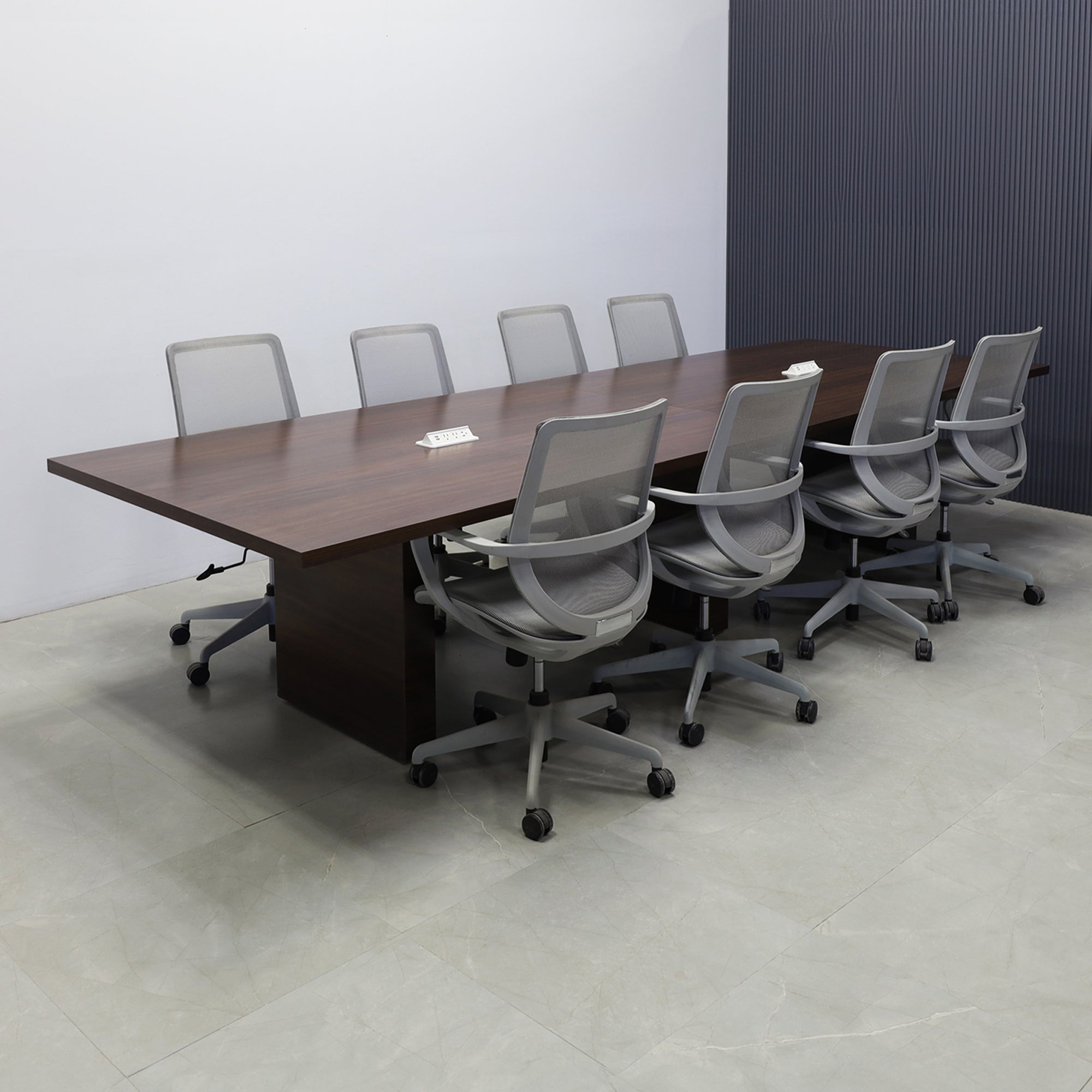 120-inch Newton Oval Conference Table with X2 base in white oak veneer finish (DISCONTINUED)  and two silver Mx3 power boxes.