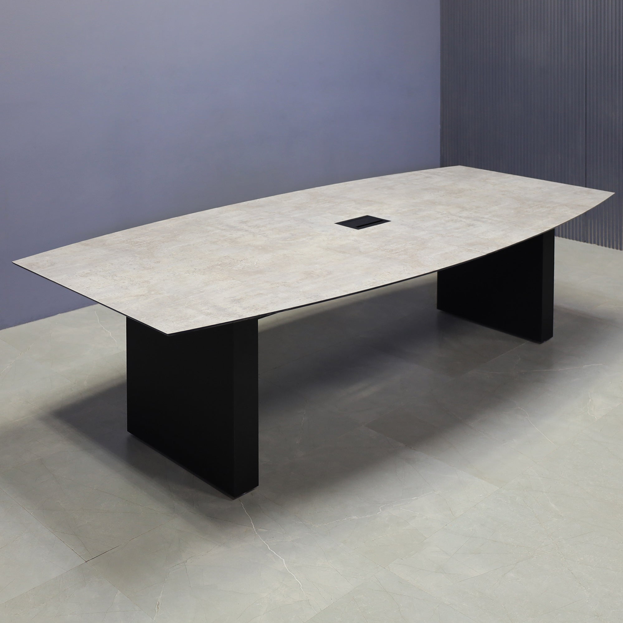 2-inch industrial concrete engineered surface top, black matte laminate standard base, and black MX3 power box.