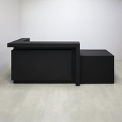 108-inch New York L ADA Reception Desk with Black Cinder Matte laminate desk, Black Cinder matte laminate workspace, Black Cinder matte laminate front panel, and Warm White LED with remote control.