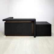 108-inch New York L ADA Reception Desk with Black Cinder Matte laminate desk, Black Cinder matte laminate workspace, Black Cinder matte laminate front panel, and Warm White LED with remote control.
