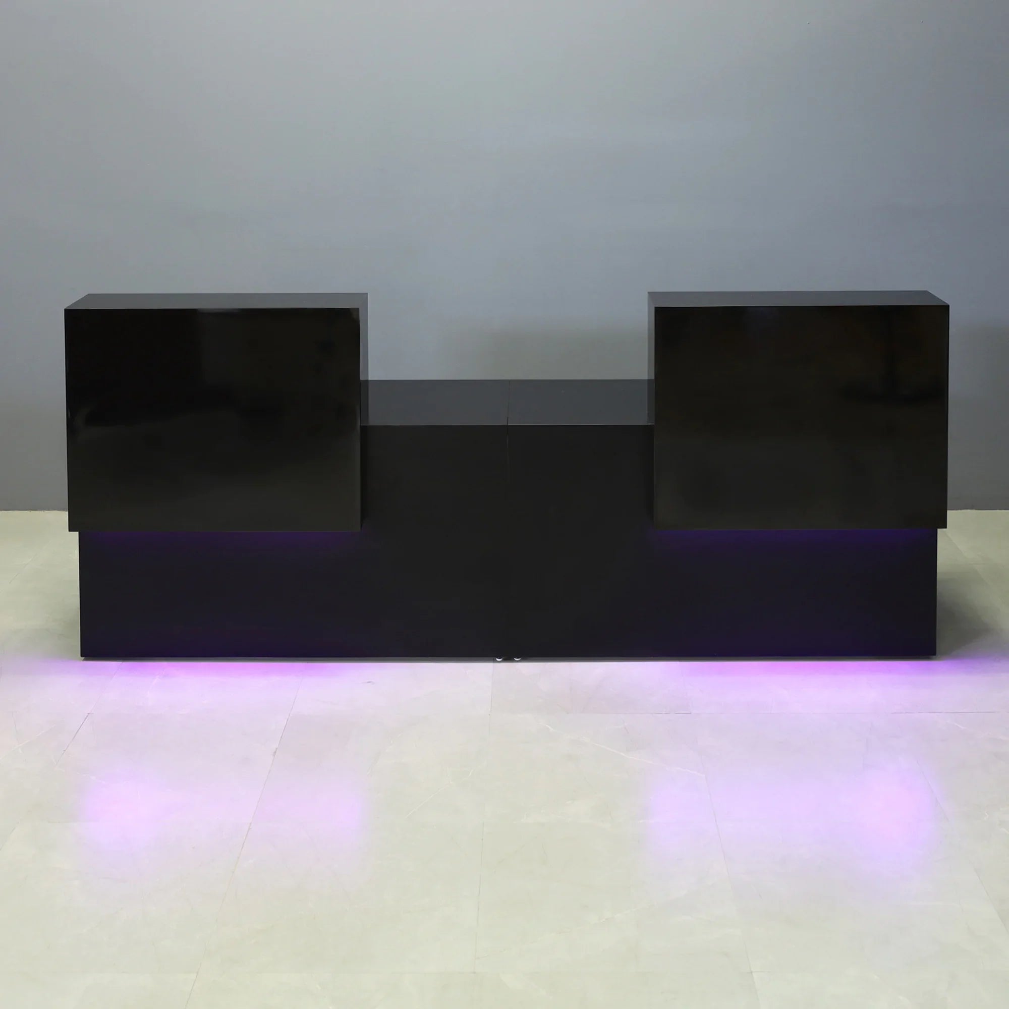 108-inch Los Angeles Double Counter Custom Reception Desk in black gloss laminate counters, black matte laminate desks, and color changing LED.