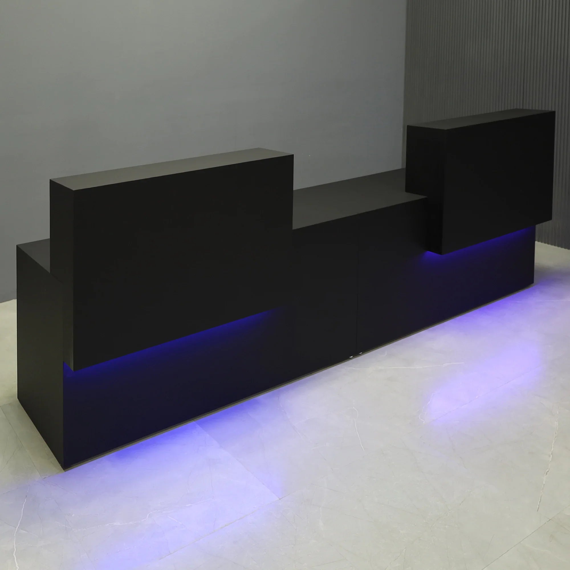 108-inch Los Angeles Double Counter Custom Reception Desk in black gloss laminate counters, black matte laminate desks, and color changing LED.