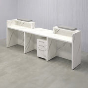 108-inch Chicago Double Counter ADA Compliant Desk with Fog Gray matte laminate counter, Calcutta Stone PVC bottom, and White LED.