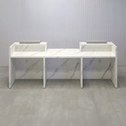 108-inch Chicago Double Counter ADA Compliant Desk with Fog Gray matte laminate counter, Calcutta Stone PVC bottom, and White LED.