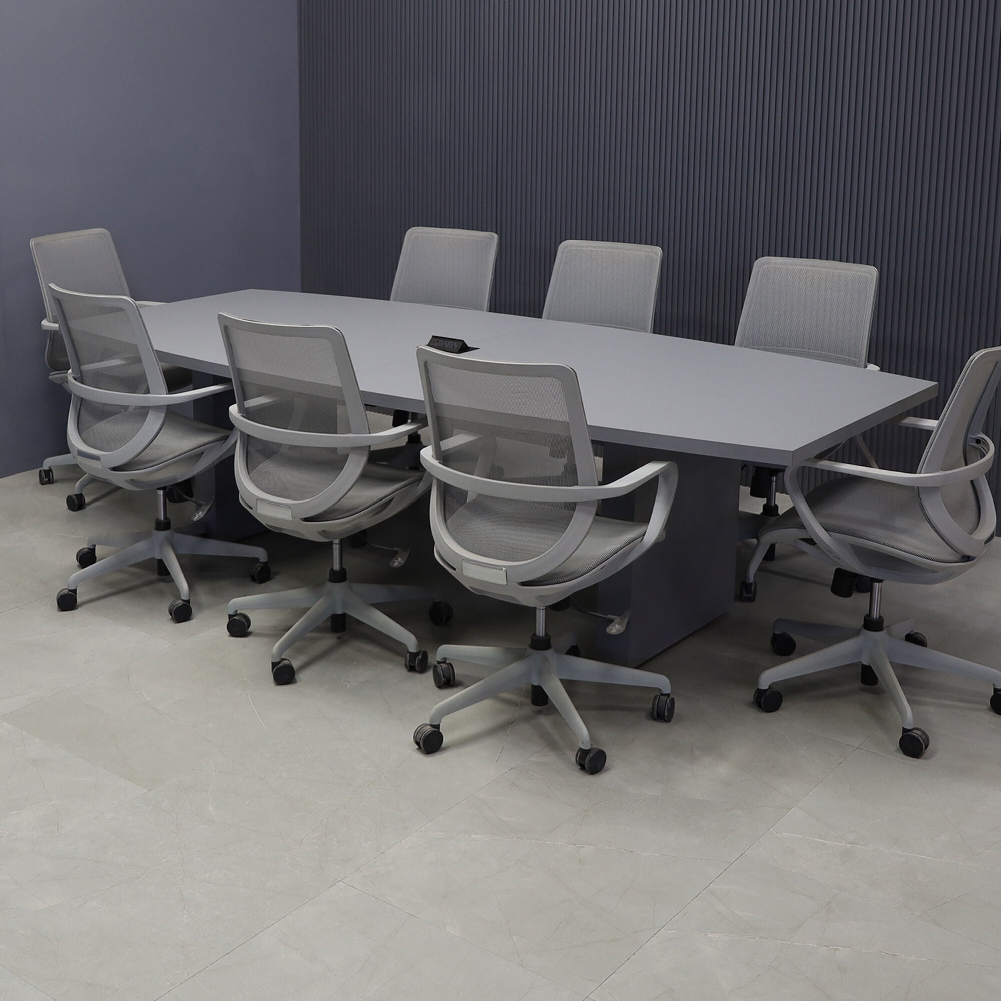 108-inch Newton Boat Conference Table in gray traceless laminate on top & standard base, and black MX2 power box.