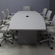 108-inch Newton Boat Conference Table in gray traceless laminate on top & standard base, and black MX2 power box.