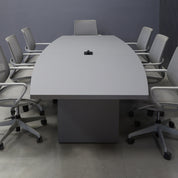 108-inch Newton Boat Conference Table in gray traceless laminate on top & standard base, and black MX2 power box.