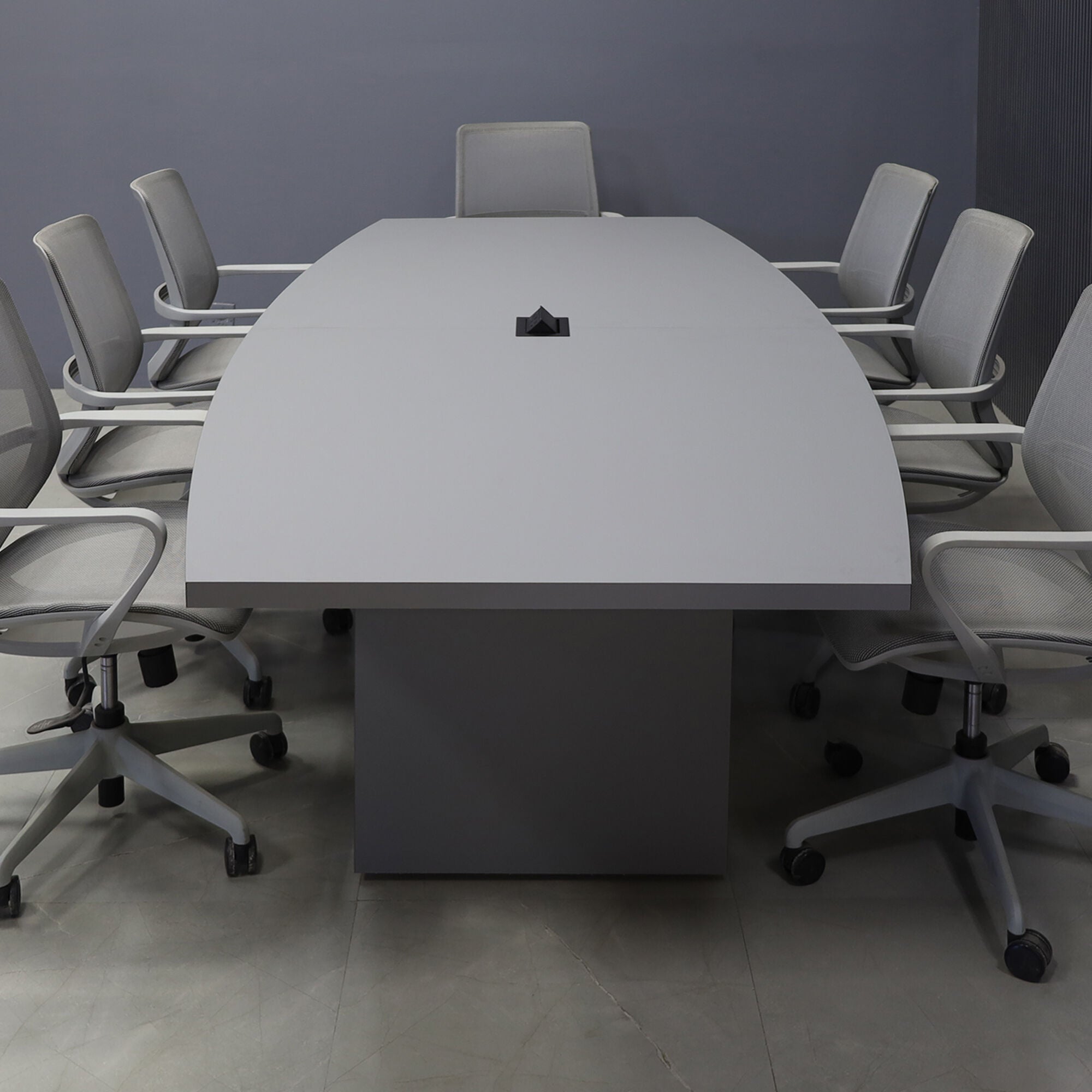 108-inch Newton Boat Conference Table in gray traceless laminate on top & standard base, and black MX2 power box.