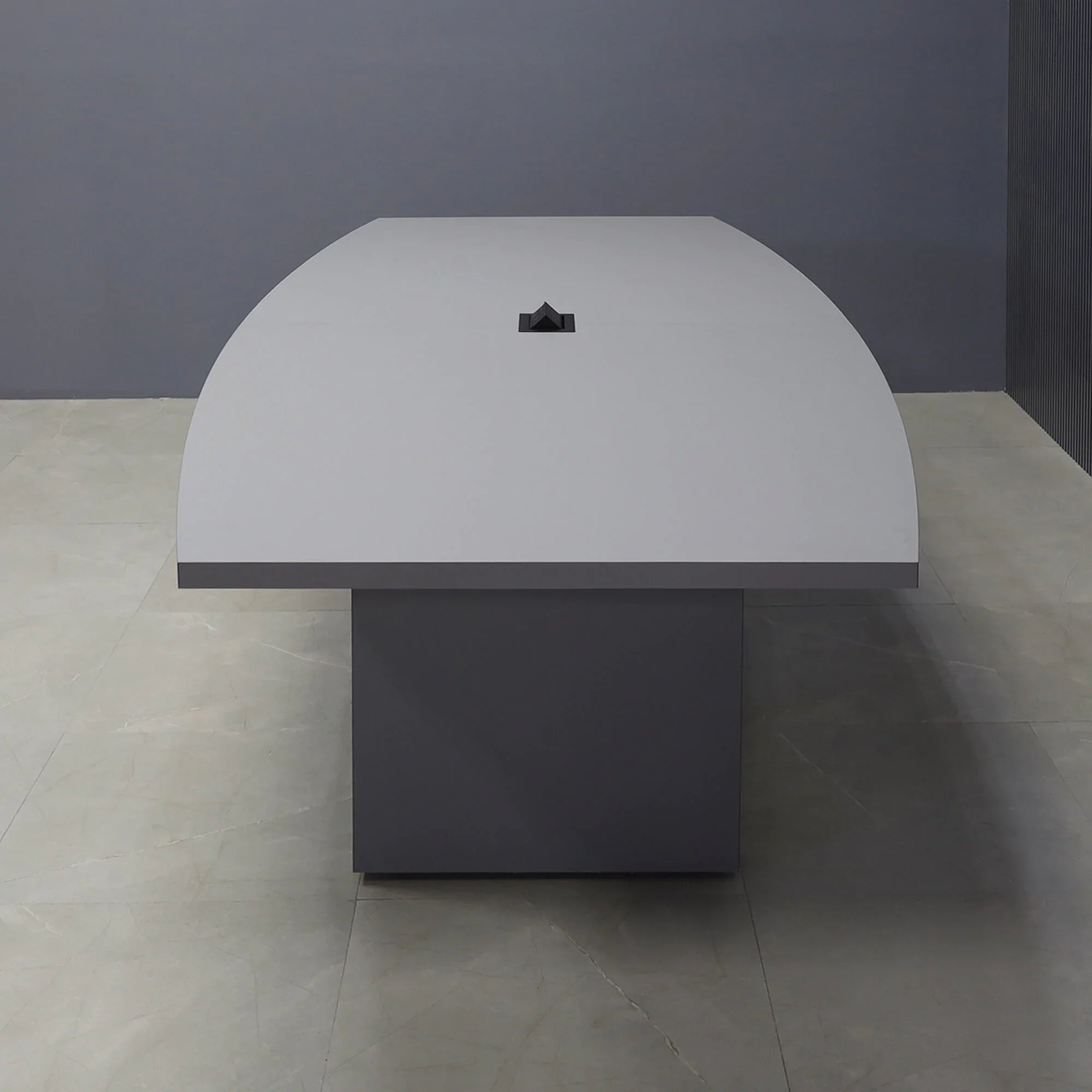 108-inch Newton Boat Conference Table in gray traceless laminate on top & standard base, and black MX2 power box.