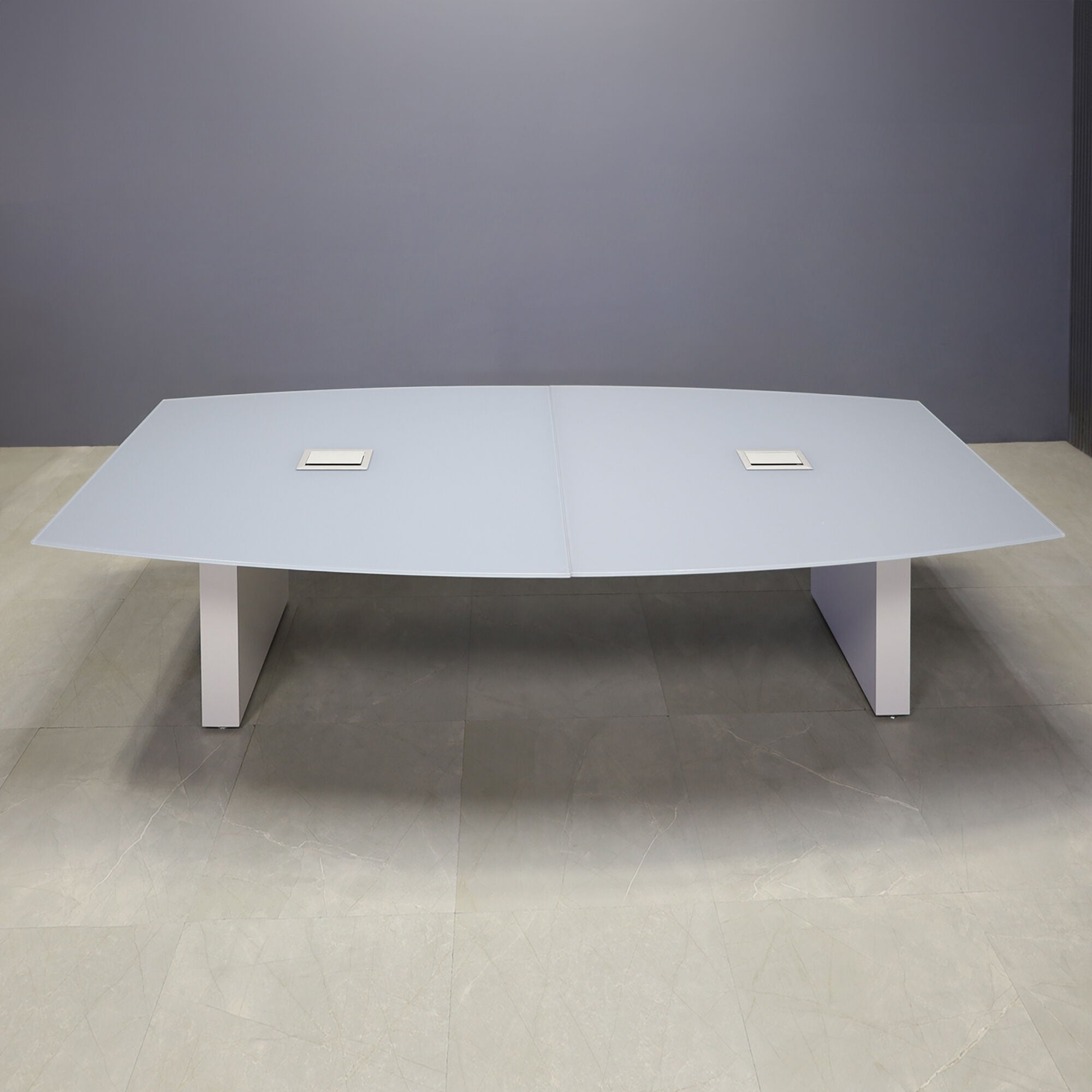 2-inch medium gray tempered glass top, white gloss laminate standard base, and two silver MX3 power boxes.