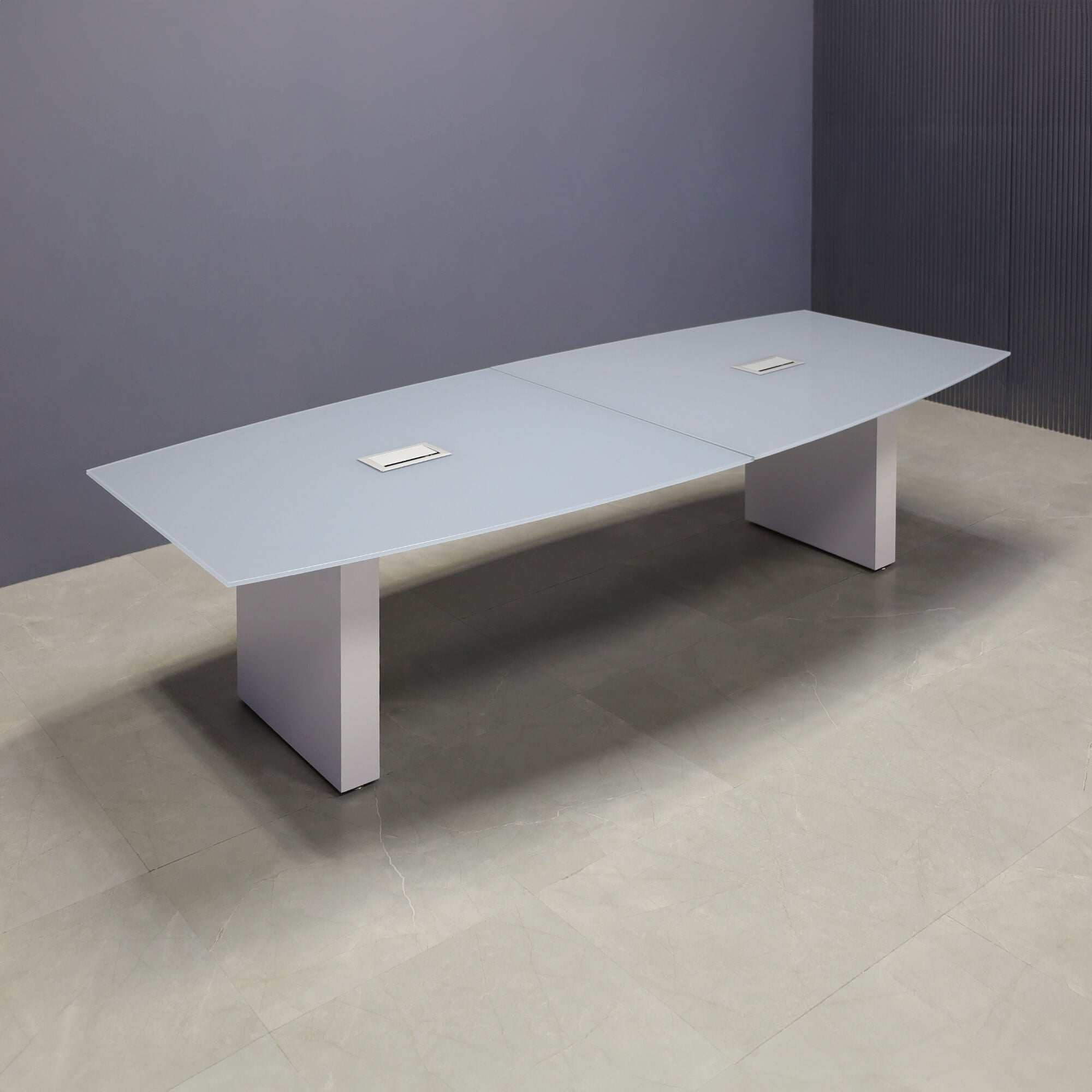 2-inch medium gray tempered glass top, white gloss laminate standard base, and two silver MX3 power boxes.