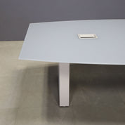 108-inch Omaha Boat Conference Table in 1/2-inch medium gray tempered glass top, white gloss laminate standard base, and two silver MX3 power boxes.