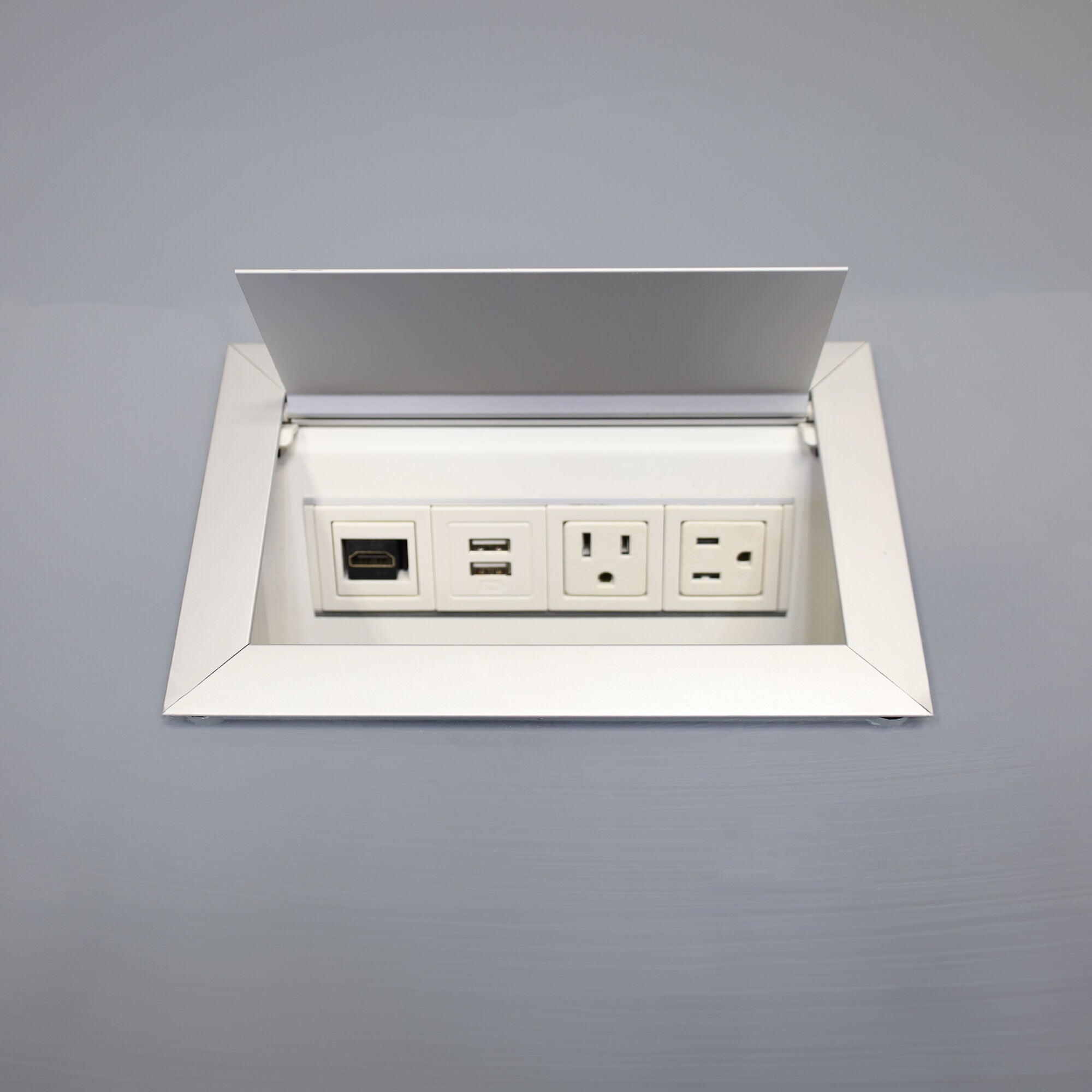 108-inch Omaha Boat Conference Table in 1/2-inch medium gray tempered glass top, white gloss laminate standard base, and two silver MX3 power boxes.