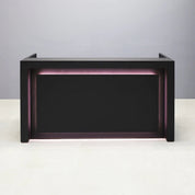 84-inch New York U-Shape Custom Reception Desk in black traceless laminate main desk and accent recess, with warm white LED, shown here.