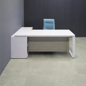 Aspen Executive Desk With Credenza in white gloss laminate top & credenza, greywood matte laminate privacy panel & front drawers, and white metal leg shown here.