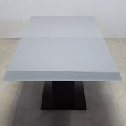 120-inches Omaha Rectangular Shape Conference Table with medium gray tempered glass top, ebony reccon matte laminate pedestal, black powder coated metal pedestal, black powder coated metal X3 base.