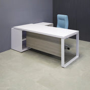Aspen Executive Desk With Credenza in white gloss laminate top & credenza, greywood matte laminate privacy panel & front drawers, and white metal leg shown here.