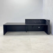132-inch Atlanta Custom ADA Reception Desk with black stone palazzo desk, black traceless laminate workspace & accent panel, and colored LED.