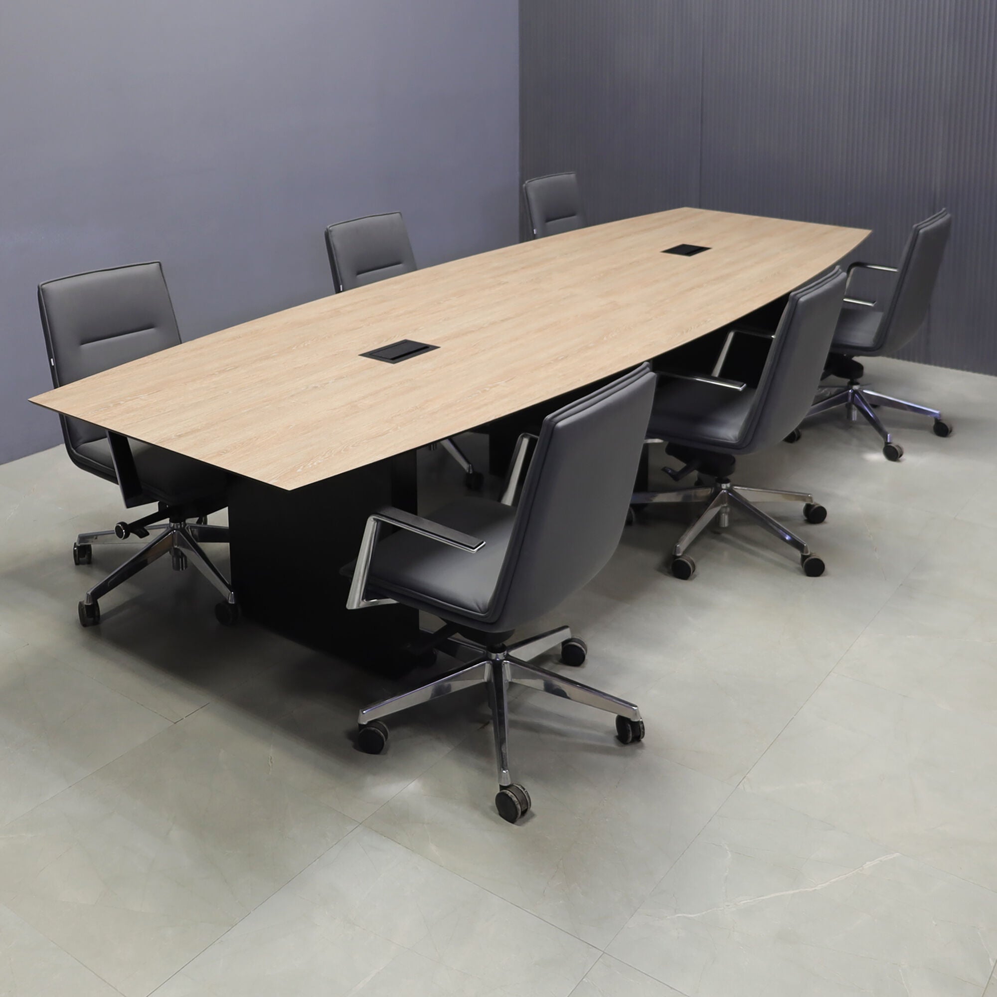2-inch countryside oak engineered surface top, black matte laminate base, and two black MX3 power boxes.