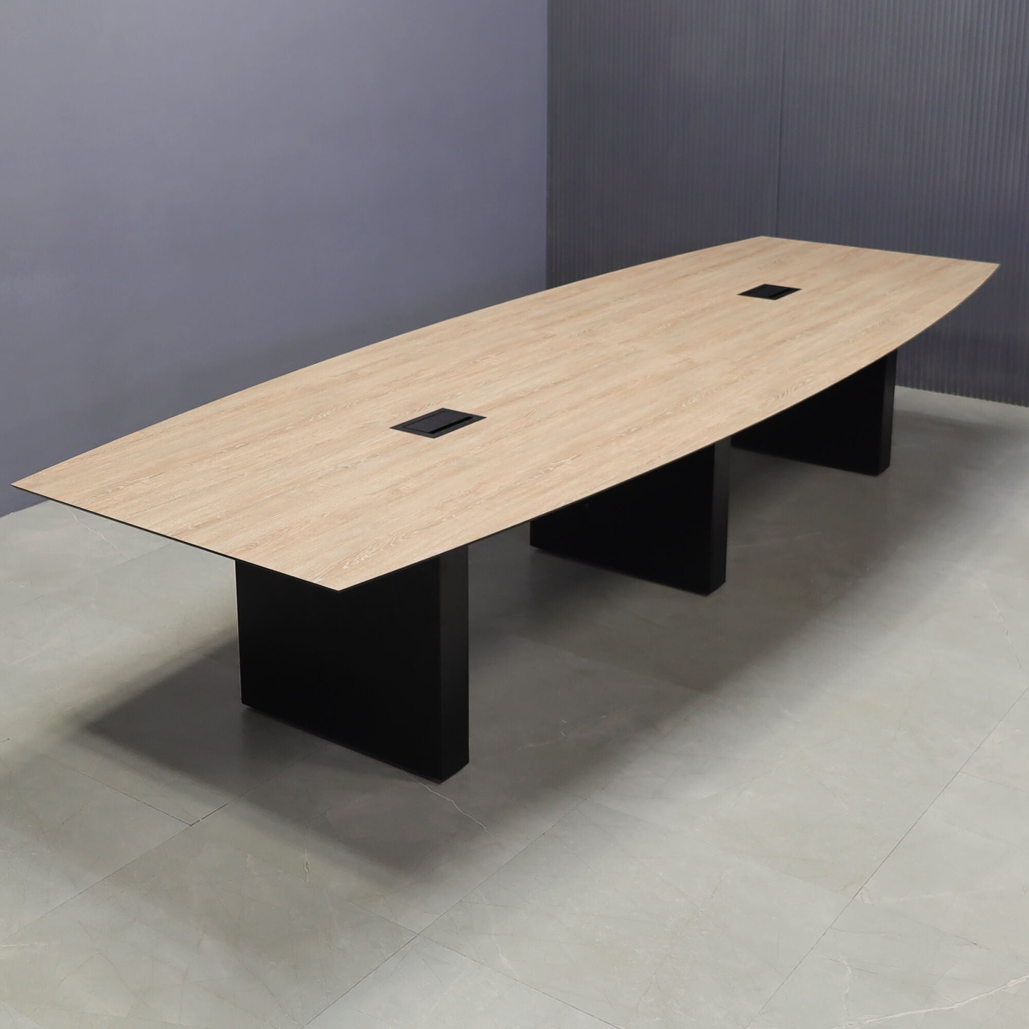 2-inch countryside oak engineered surface top, black matte laminate base, and two black MX3 power boxes.