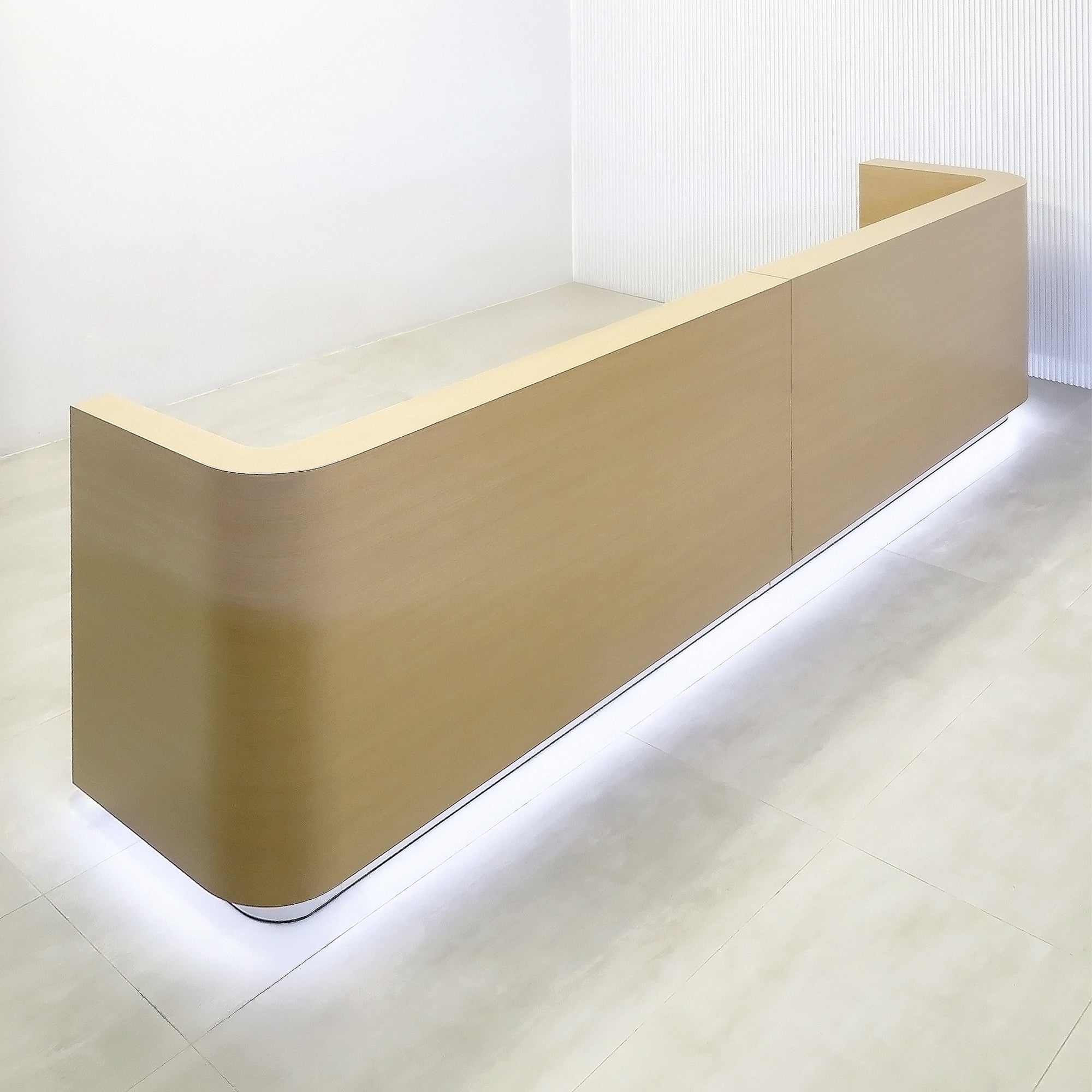 144-inch Nola U Large Reception Desk with (Formaica Pecan Woodline matte laminate counter, desk, and workspace. Brushed Aluminum toe-kick, and warm white LED.