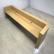 144-inch Nola U Large Reception Desk with (Formaica Pecan Woodline matte laminate counter, desk, and workspace. Brushed Aluminum toe-kick, and warm white LED.