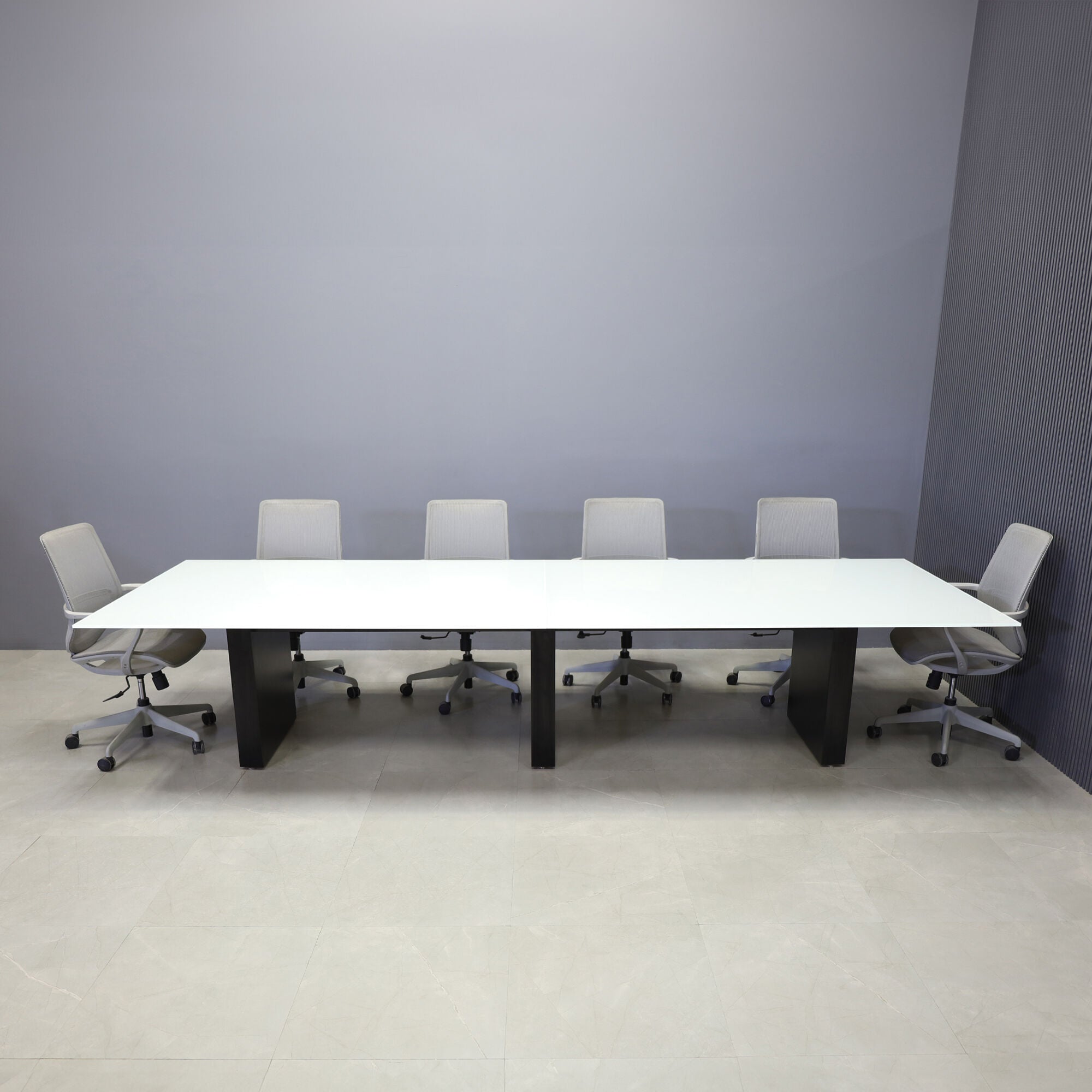 144-inch Omaha Rectangular Conference Table in 1/2" white tempered glass top, and black matte laminate base.
