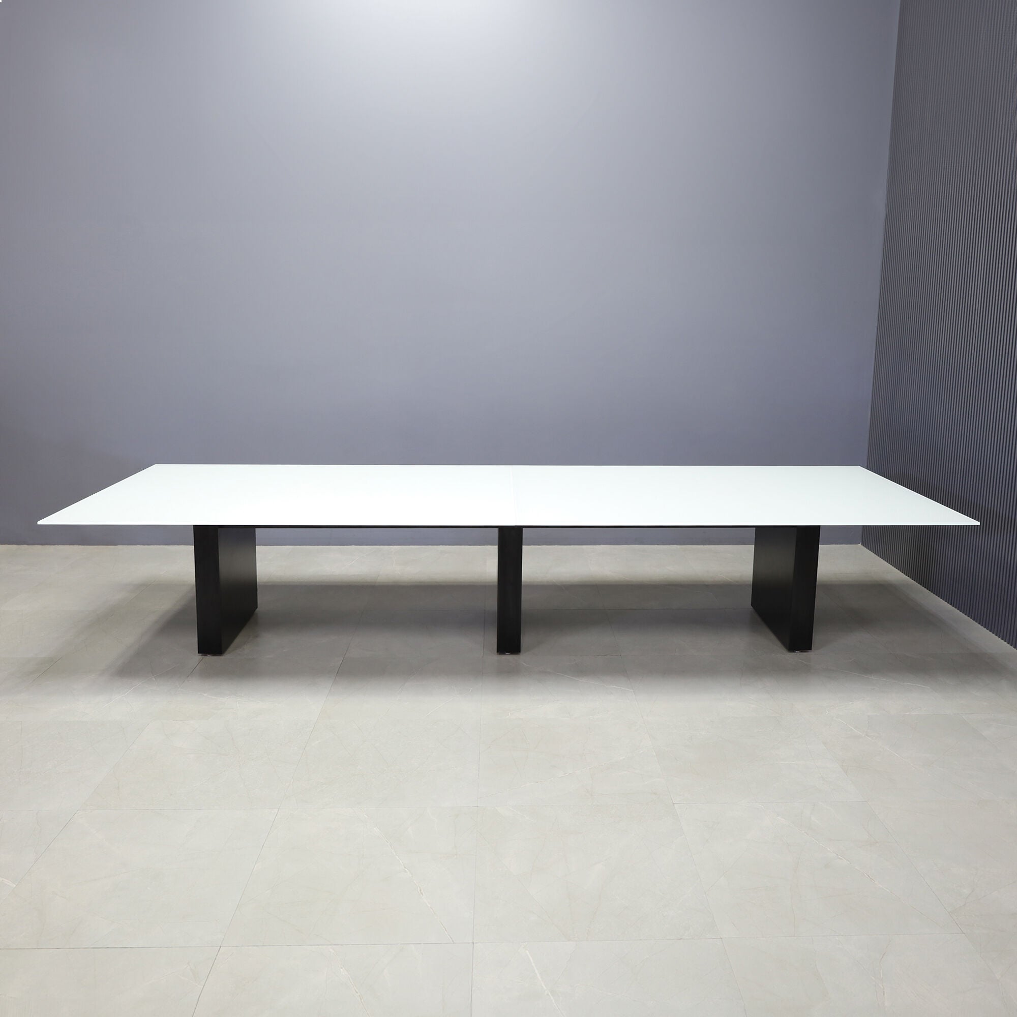 144-inch Omaha Rectangular Conference Table in 1/2" white tempered glass top, and black matte laminate base.