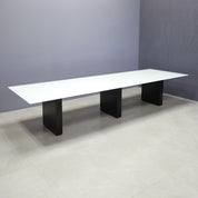 144-inch Omaha Rectangular Conference Table in 1/2" white tempered glass top, and black matte laminate base.