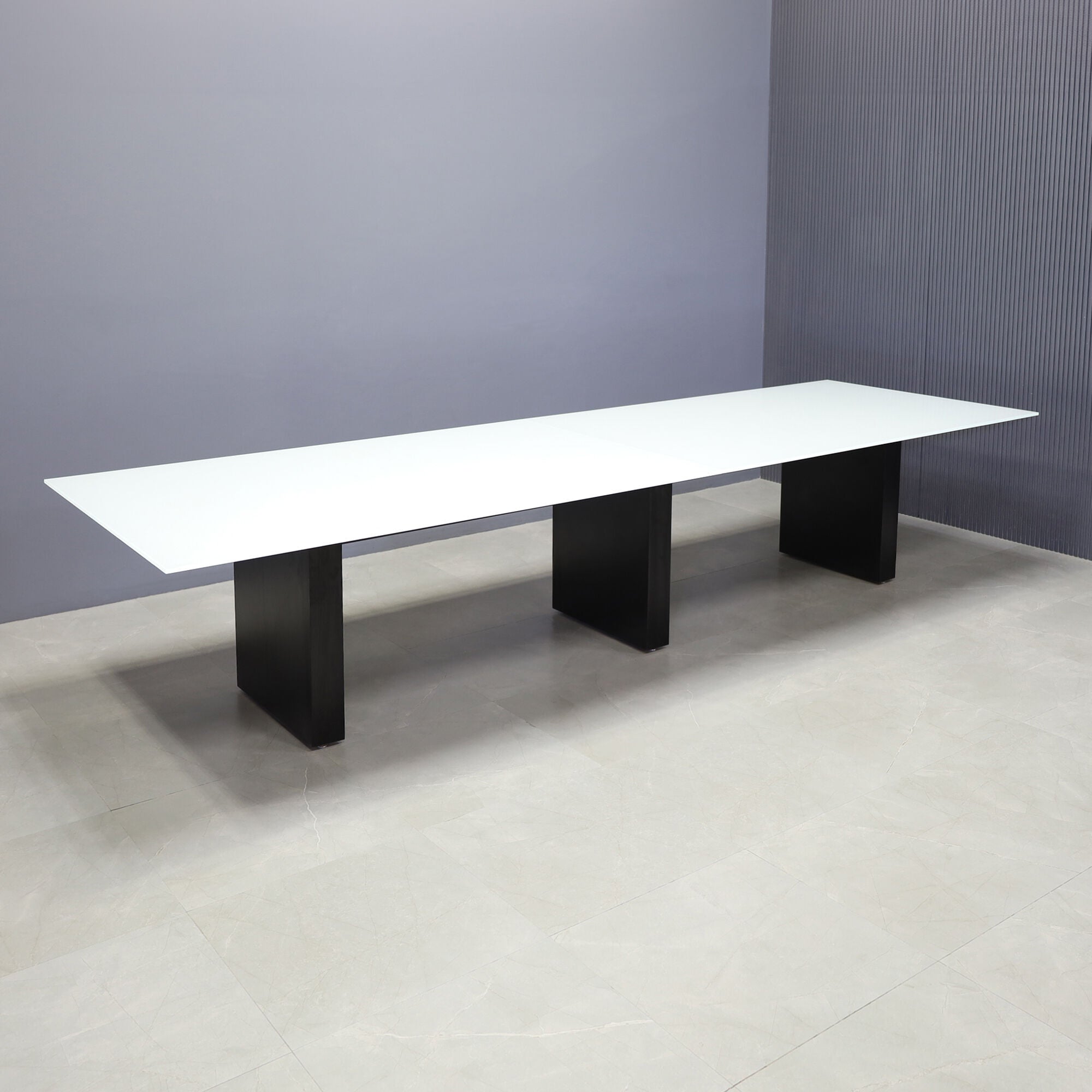 144-inch Omaha Rectangular Conference Table in 1/2" white tempered glass top, and black matte laminate base.