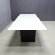 144-inch Omaha Rectangular Conference Table in 1/2" white tempered glass top, and black matte laminate base.