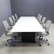 144-inch Omaha Rectangular Conference Table in 1/2" white tempered glass top, and black matte laminate base.