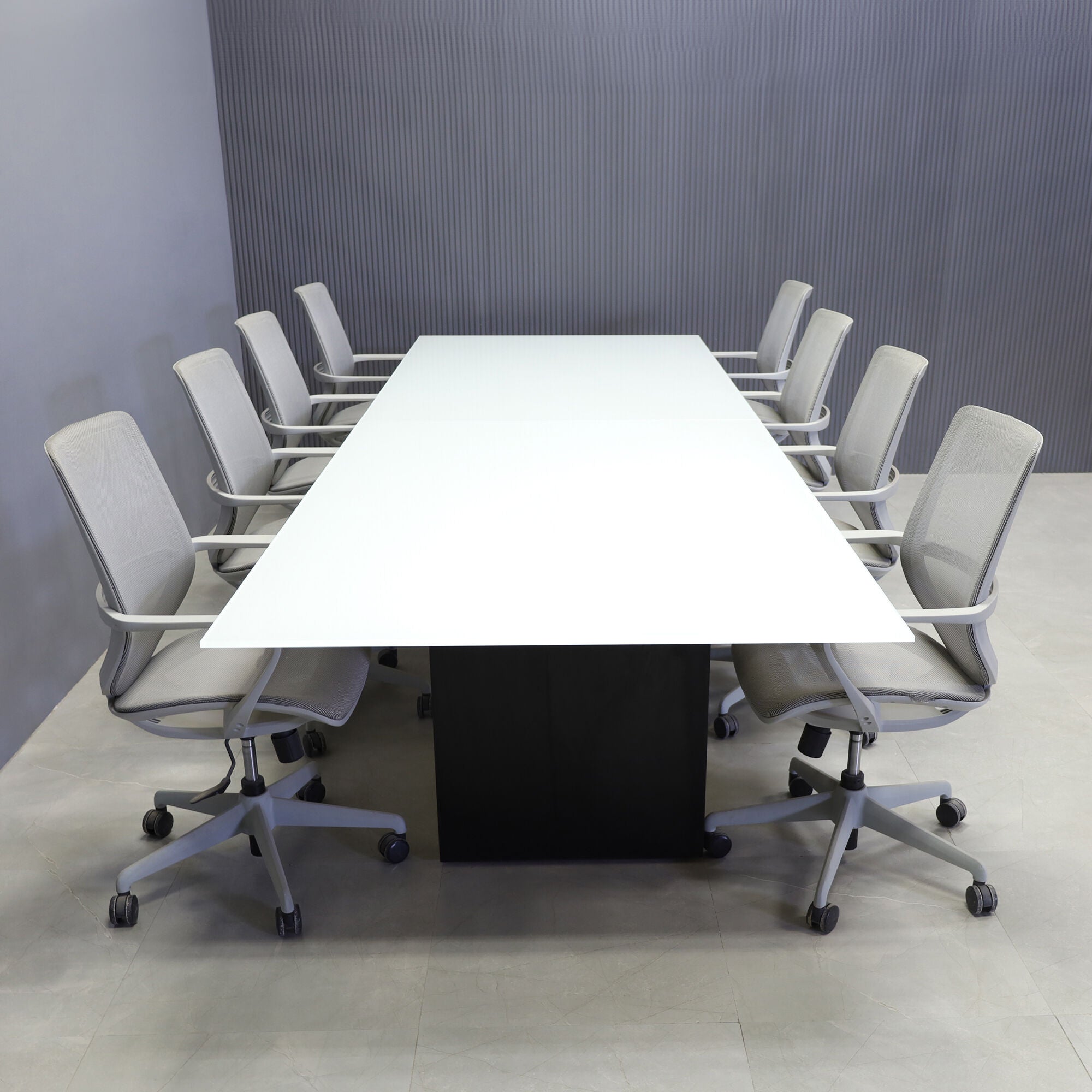 144-inch Omaha Rectangular Conference Table in 1/2" white tempered glass top, and black matte laminate base.