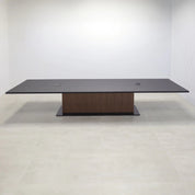 180-inch Newton Rectangular Conference Table with black traceless laminate top, walnut & black background tambour pedestal, black stainless steel California X3 base, and 2 black MX2 power boxes.