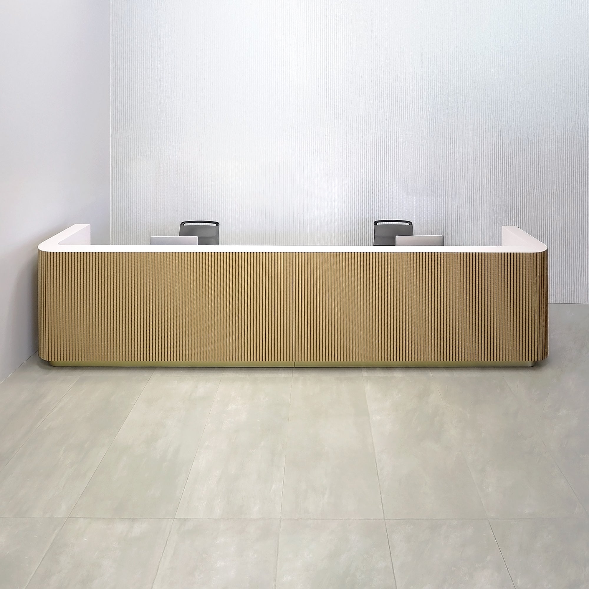 180-inch Nola Extra Large Reception Desk with White Oak tambour desk front, White matte laminate workspace, Gold Aluminum toe-kick, and Warm White LED.