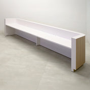 180-inch Nola Extra Large Reception Desk with White Oak tambour desk front, White matte laminate workspace, Gold Aluminum toe-kick, and Warm White LED.