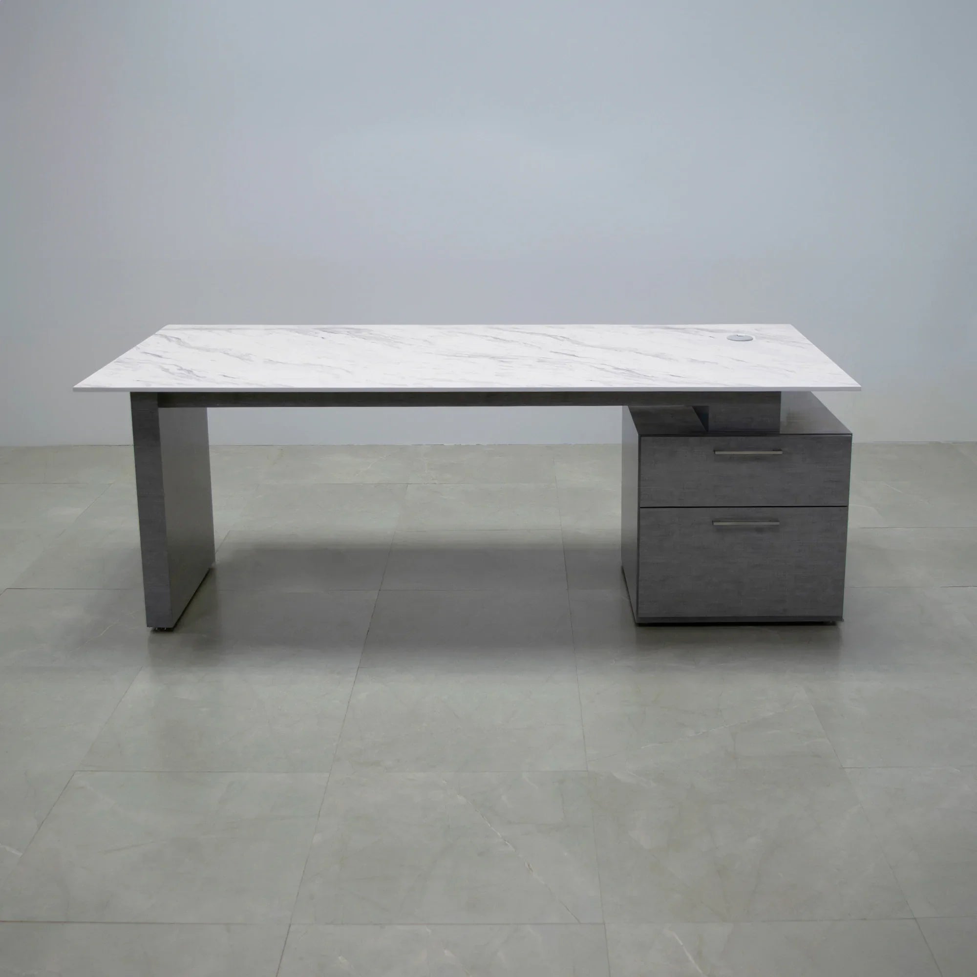 Avenue Straight Executive Desk With Engineered Surface Top, right side storage when sitting in calcutta blanc top and silver alchemy laminate base and storage shown here.