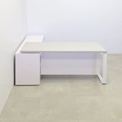 Aspen Executive Desk With Credenza and Laminate Top in fog gray matte lamina top, white matte laminate privacy panel and credenza, and white metal leg shown here.