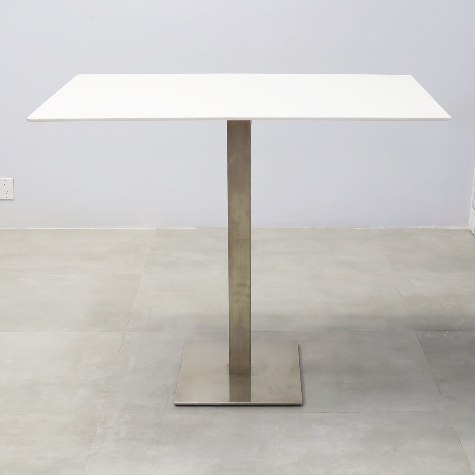 49-inch Aurora Rectangular Conference Table with white solid engineered surface top and brushed aluminum base.