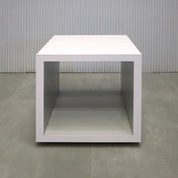 20x20"SQ Albany Square Side Table with white matte laminate table finish, and fog gray matte laminate inside finish.