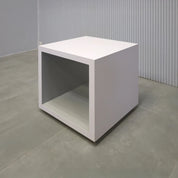 20x20"SQ Albany Square Side Table with white matte laminate table finish, and fog gray matte laminate inside finish.