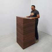 24-inch New lectern Podium & Host Desk with walnut amber PVC outside desk, black liner inside desk, and casters.