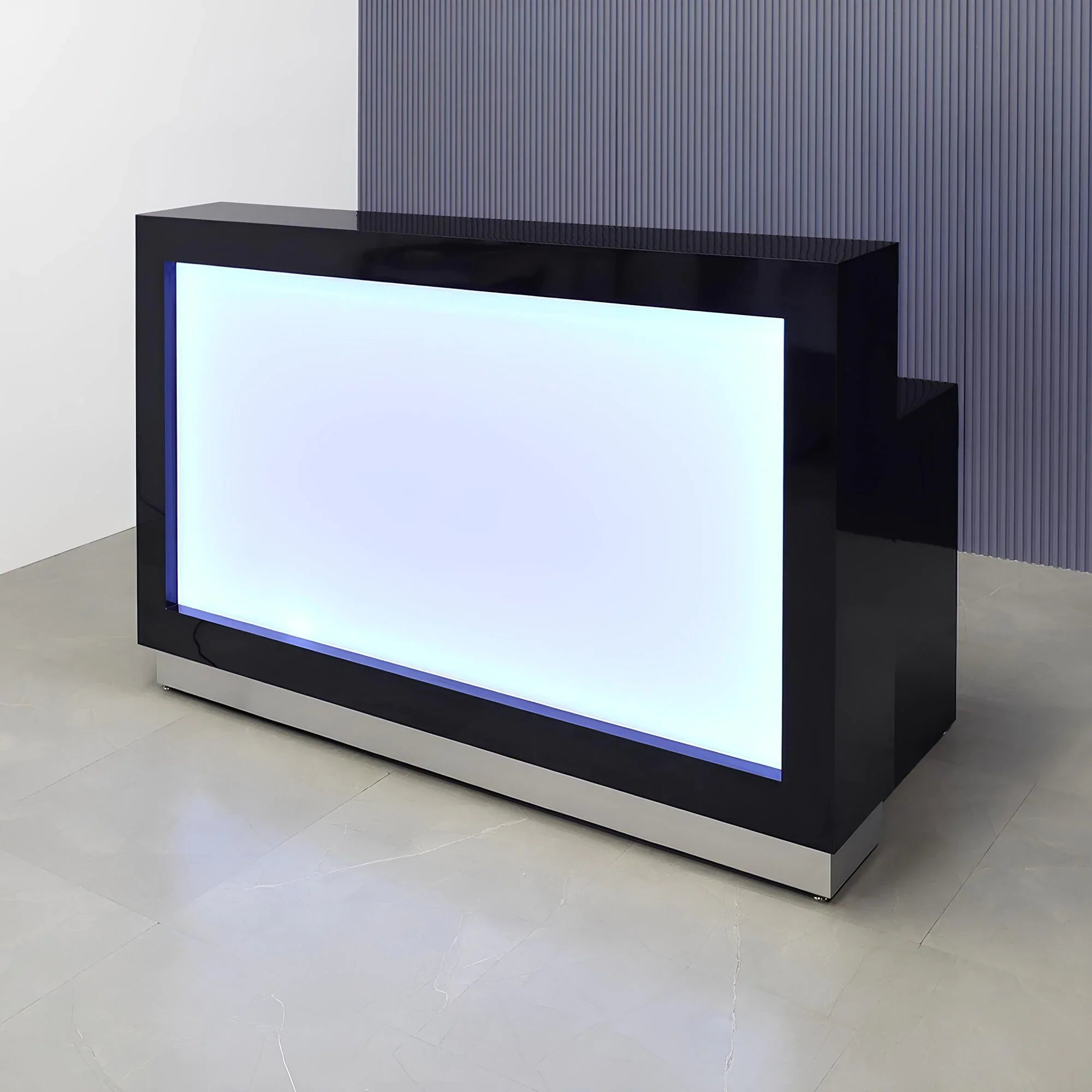72-inch Vegas Custom Reception Desk in black gloss laminate counter and desk, with multi-colored LED, shown here.