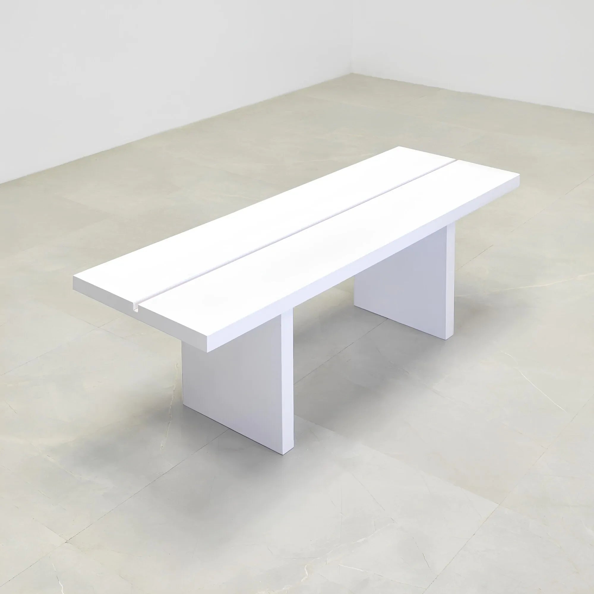 Astoria Slat Bench in white gloss laminate finish shown here.