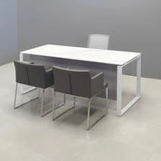Aspen Straight Executive Desk With 1/2" calcutta blanc engineered surface top, fog gray matte laminate privacy panel, and white metal legs, shown here.