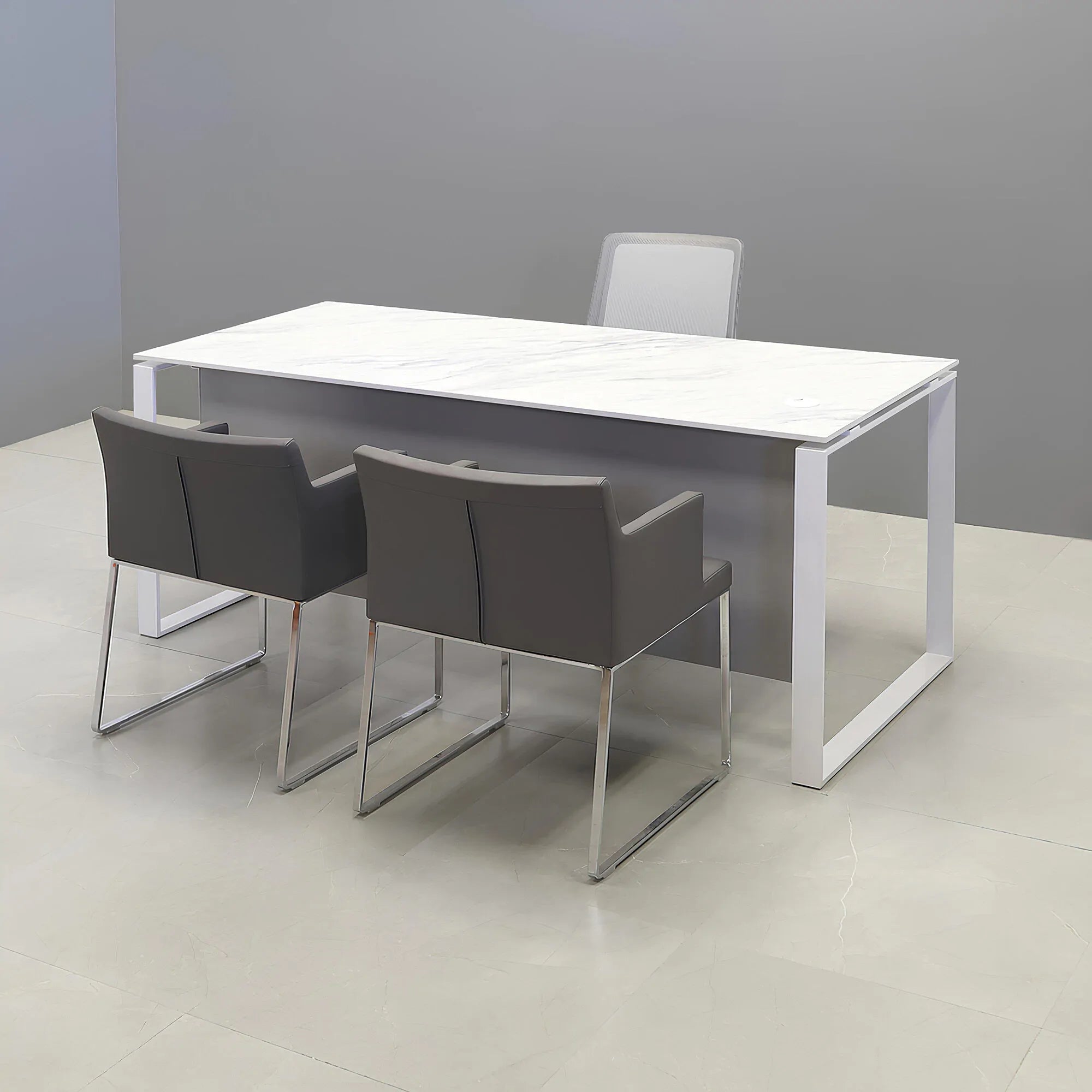 Aspen Straight Executive Desk With 1/2" calcutta blanc engineered surface top, fog gray matte laminate privacy panel, and white metal legs, shown here.