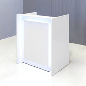 32-inch New York U-Shape Podium & Host Custom Desk in white gloss laminate main desk, front panel & accent recessed, and color changing LED.