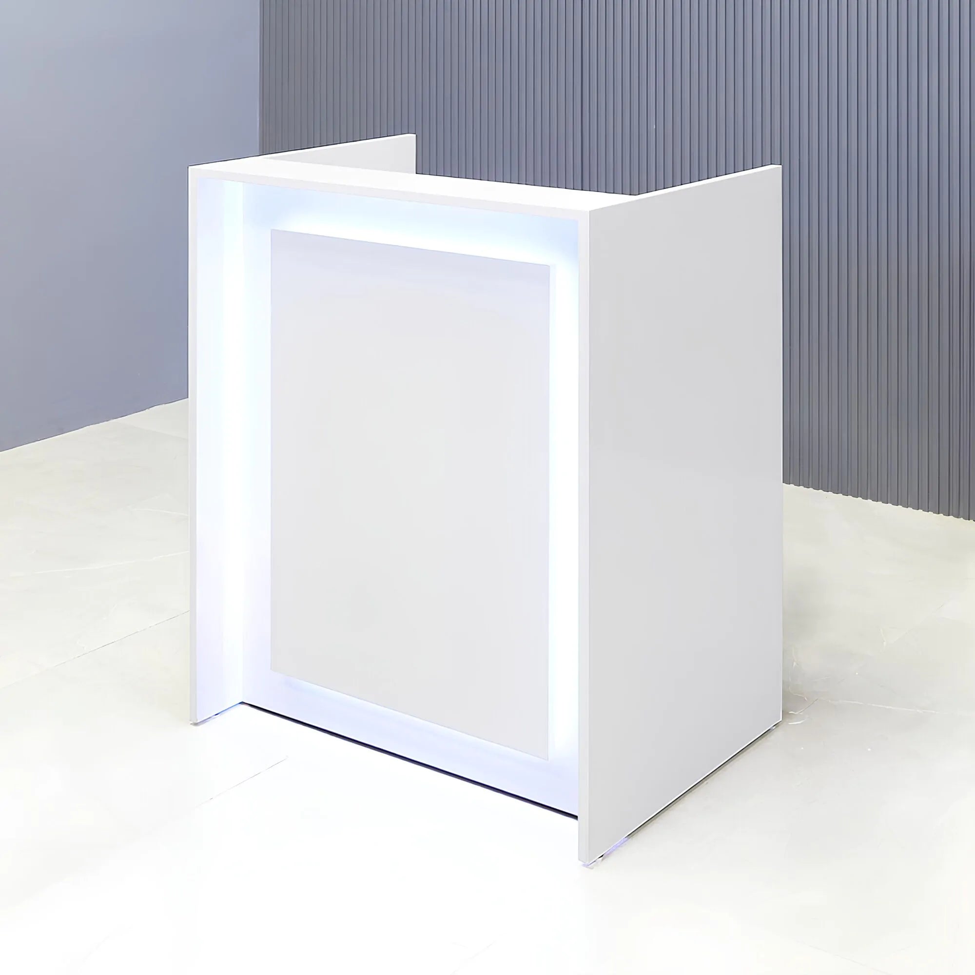 32-inch New York U-Shape Podium & Host Custom Desk in white gloss laminate main desk, front panel & accent recessed, and color changing LED.