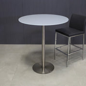 36-inch California Round Bar Table in 1/2" white tempered glass top and silver base shown here.
