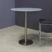 36-inch California Round Bar Table in 1/2"white tempered glass top and silver base shown here.
